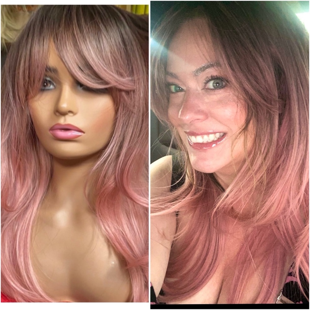 Long Layered Rose Gold Synthetic Wig with Side Bangs